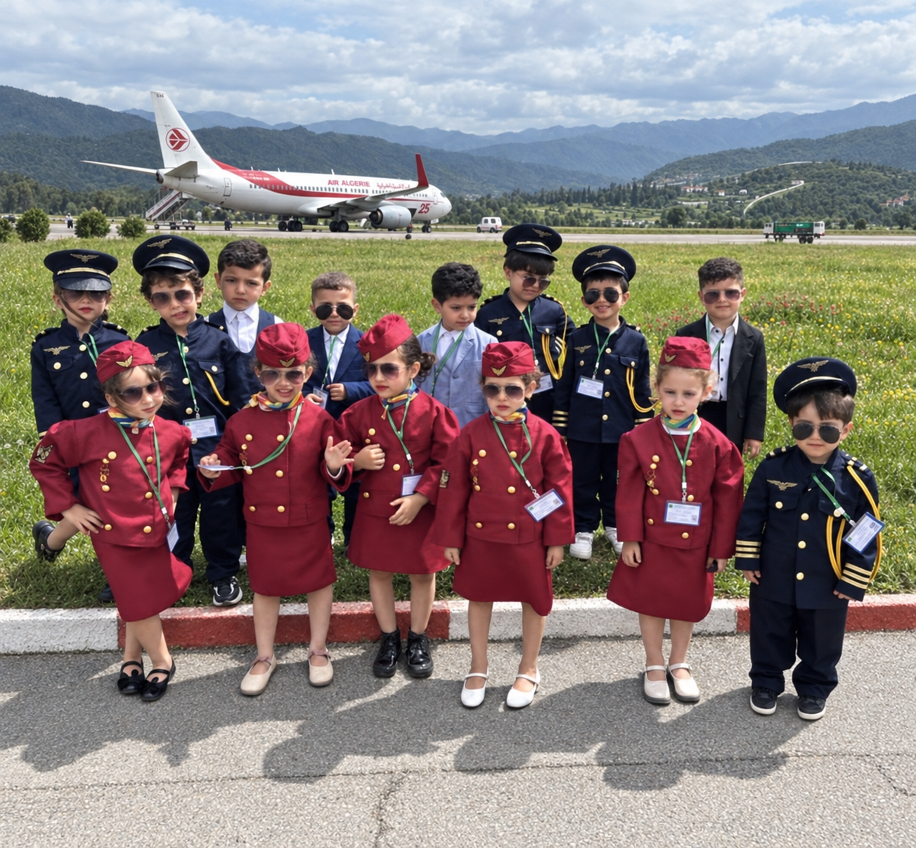 Élèves costumés en personnel aérien lors d’une sortie pédagogique à l’aéroport